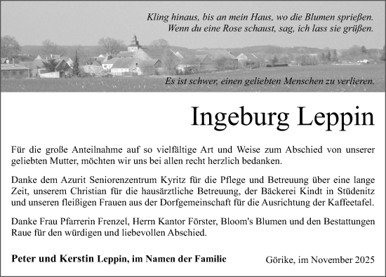 Traueranzeige von Ingeburg Leppin von Wochenspiegel