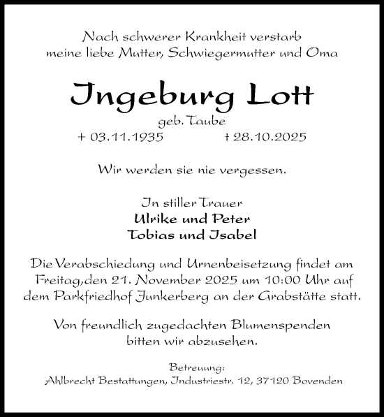 Traueranzeige von Ingeburg Lott von Göttinger Tageblatt