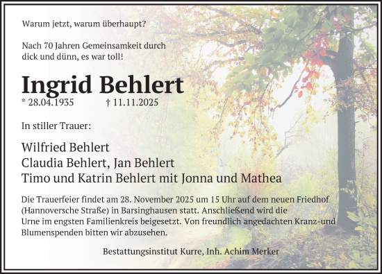 Traueranzeige von Ingrid Behlert von Hannoversche Allgemeine Zeitung/Neue Presse