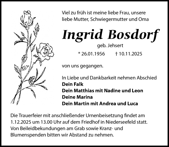 Traueranzeige von Ingrid Bosdorf von Märkischen Allgemeine Zeitung