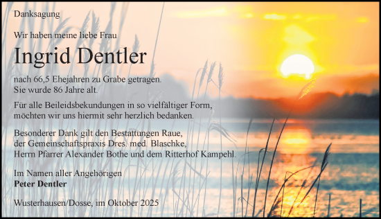 Traueranzeige von Ingrid Dentler von Märkischen Allgemeine Zeitung