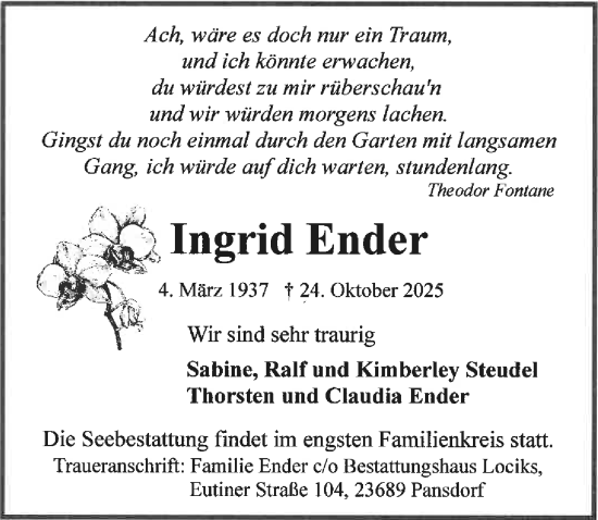 Traueranzeige von Ingrid Ender von Lübecker Nachrichten