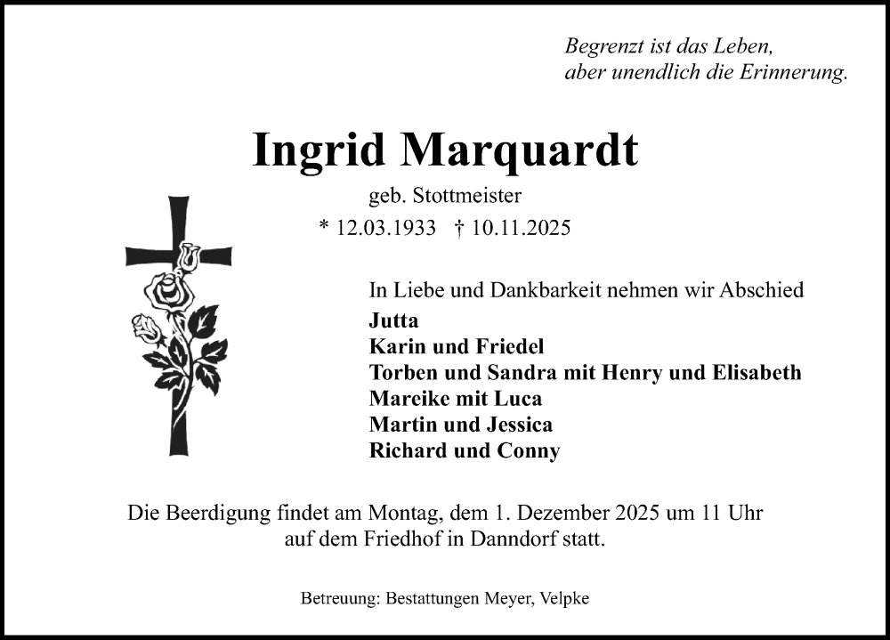  Traueranzeige für Ingrid Marquardt vom 22.11.2025 aus Aller Zeitung