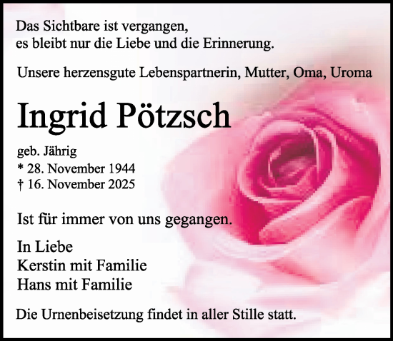 Traueranzeige von Ingrid Pötzsch von Sächsische Zeitung