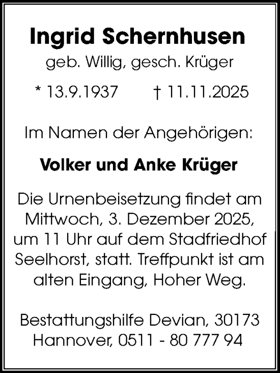 Traueranzeige von Ingrid Schernhusen von Hannoversche Allgemeine Zeitung/Neue Presse