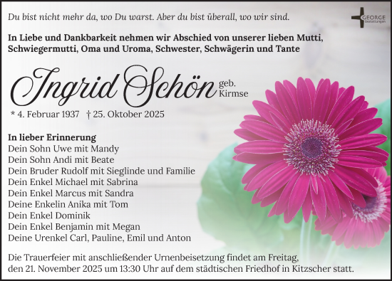 Traueranzeige von Ingrid Schön von Leipziger Volkszeitung