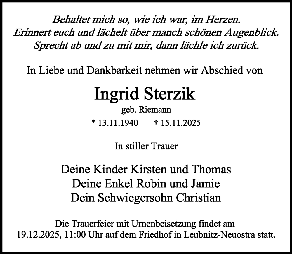  Traueranzeige für Ingrid Sterzik vom 29.11.2025 aus Sächsische Zeitung