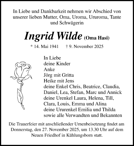 Traueranzeige von Ingrid Wilde von Ostsee-Zeitung GmbH