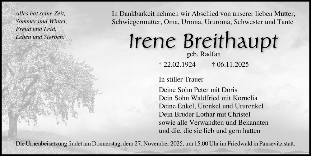  Traueranzeige für Irene Breithaupt vom 15.11.2025 aus Ostsee-Zeitung GmbH