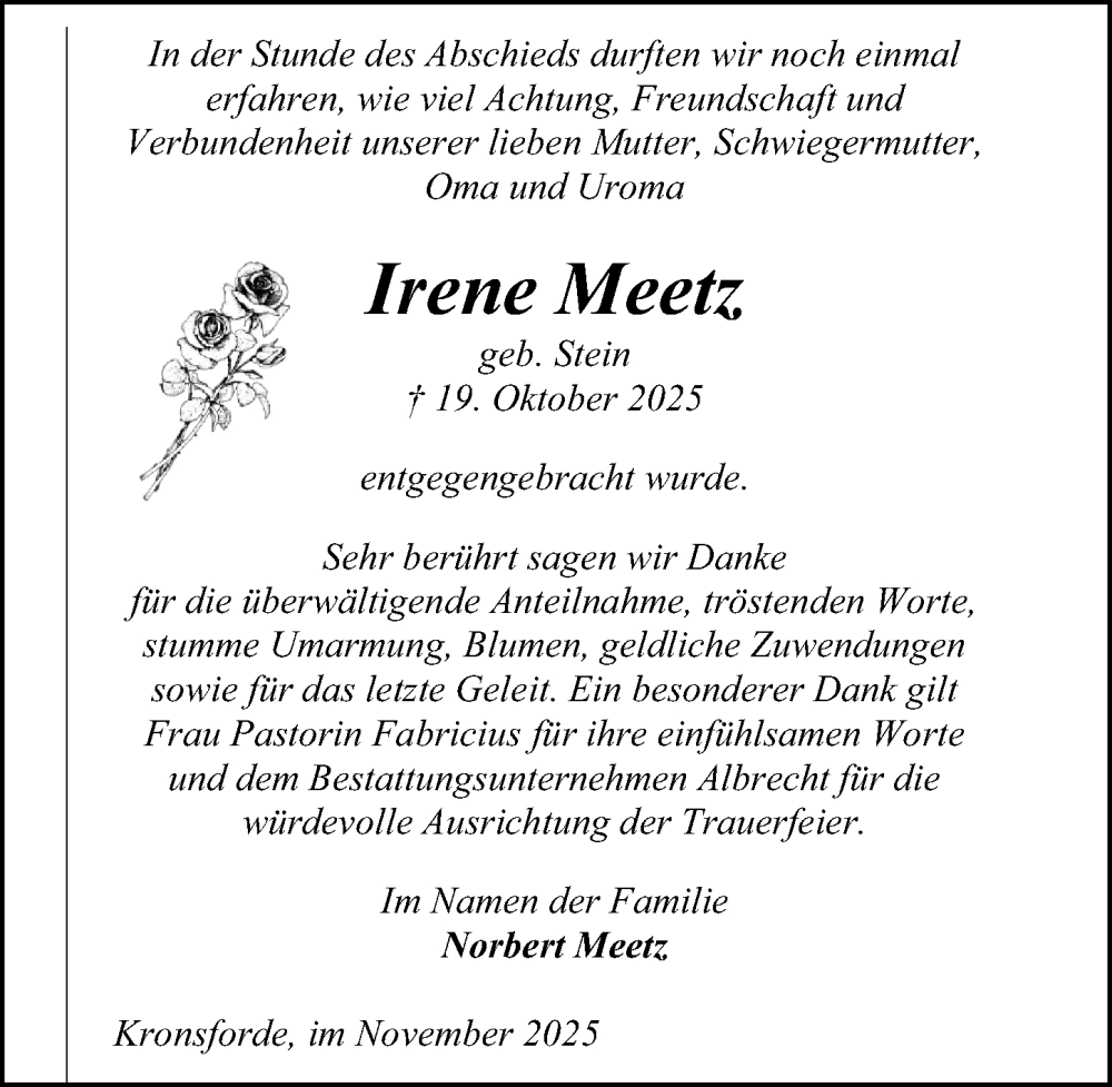  Traueranzeige für Irene Meetz vom 09.11.2025 aus Lübecker Nachrichten