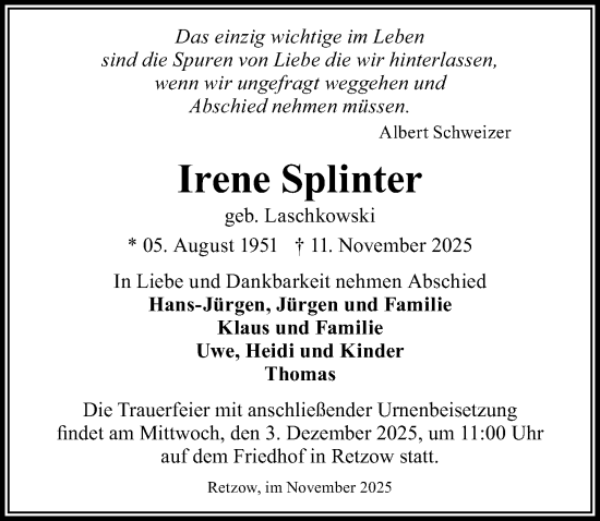 Traueranzeige von Irene Splinter von Märkischen Allgemeine Zeitung