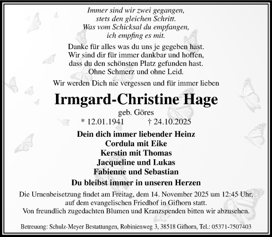 Traueranzeige von Irmgard-Christine Hage von Aller Zeitung