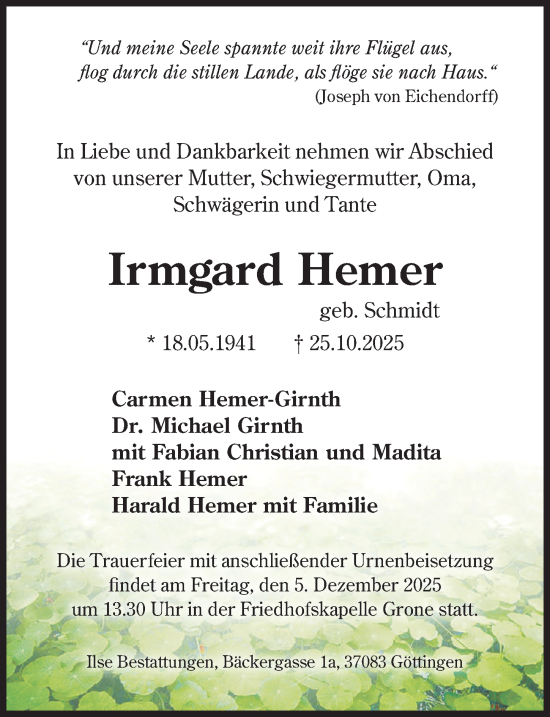 Traueranzeige von Irmgard Hemer von Göttinger Tageblatt