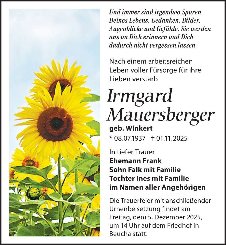  Traueranzeige für Irmgard Mauersberger vom 29.11.2025 aus Leipziger Volkszeitung