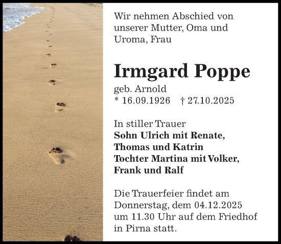 Traueranzeige von Irmgard Poppe von Sächsische Zeitung