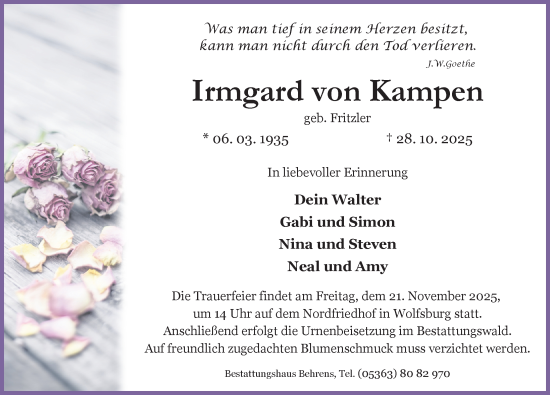 Traueranzeige von Irmgard von Kampen von Aller Zeitung