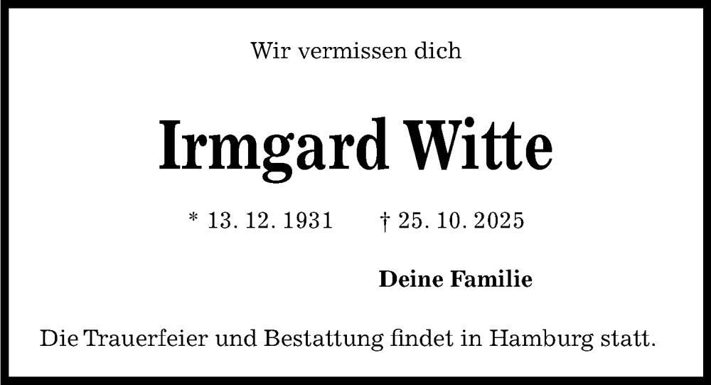  Traueranzeige für Irmgard Witte vom 08.11.2025 aus Kieler Nachrichten