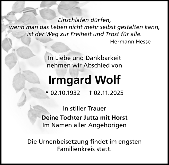 Traueranzeige von Irmgard Wolf von Sächsische Zeitung