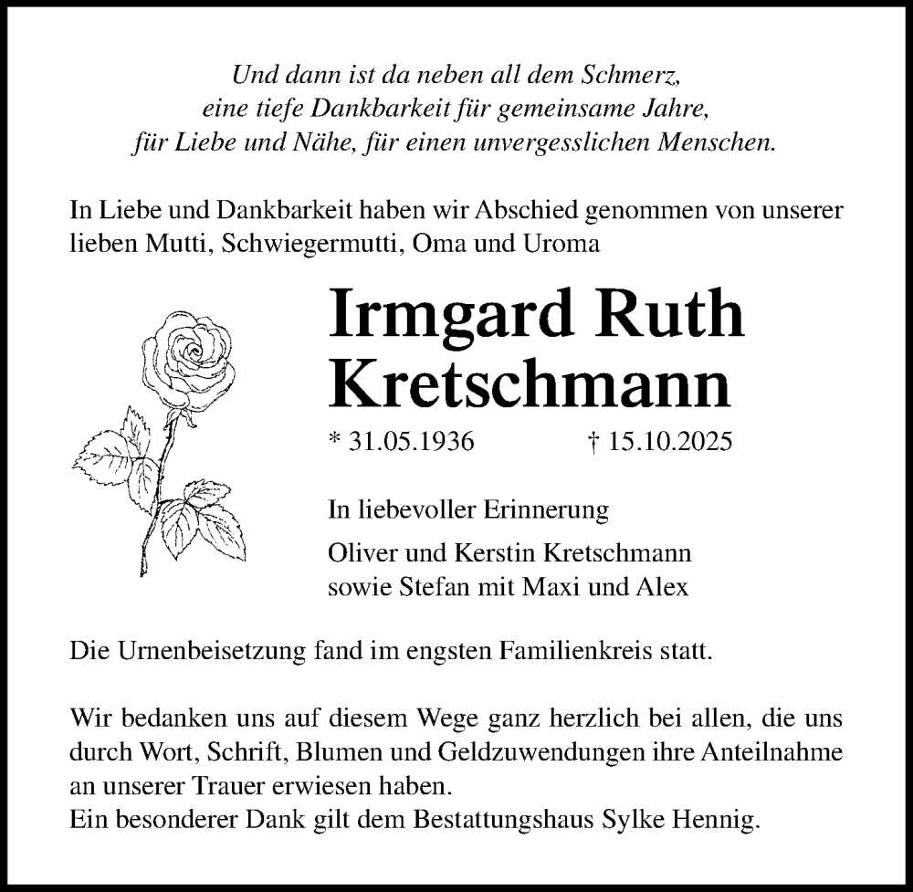  Traueranzeige für Irmgard Ruth Kretschmann vom 29.11.2025 aus Ostsee-Zeitung GmbH