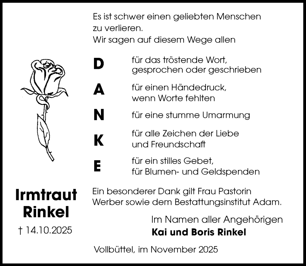  Traueranzeige für Irmtraut Rinkel vom 15.11.2025 aus Aller Zeitung