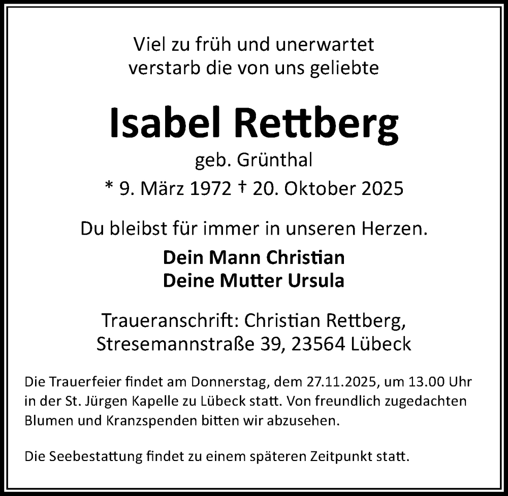  Traueranzeige für Isabel Rettberg vom 23.11.2025 aus Lübecker Nachrichten