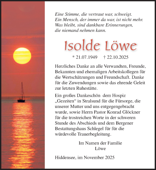 Traueranzeige von Isolde Löwe von Ostsee-Zeitung GmbH
