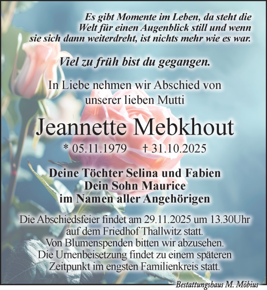 Traueranzeige von Jeannette Mebkhout von Leipziger Volkszeitung