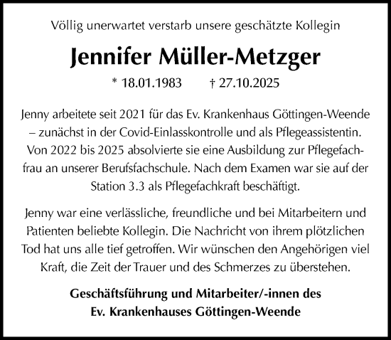 Traueranzeige von Jennifer Müller-Metzger von Göttinger Tageblatt