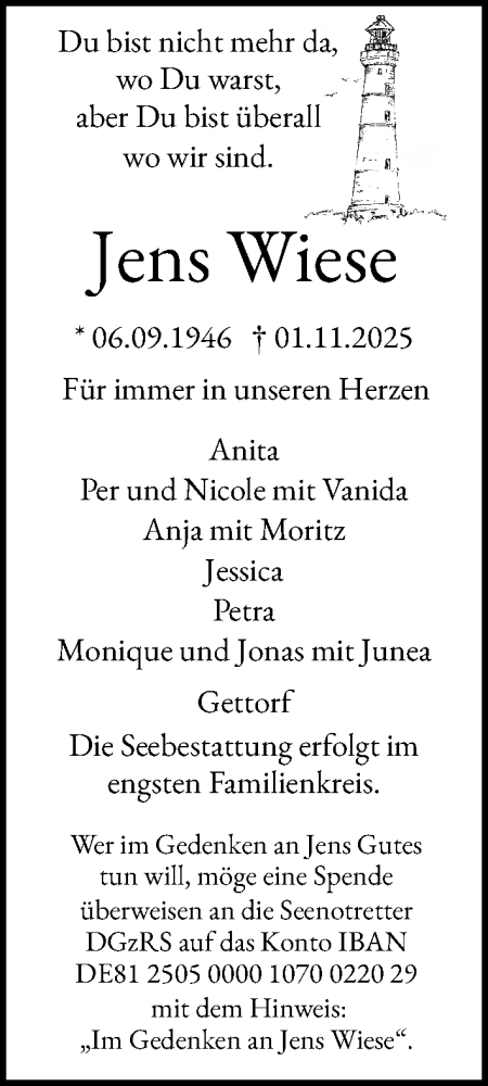  Traueranzeige für Jens Wiese vom 08.11.2025 aus Kieler Nachrichten