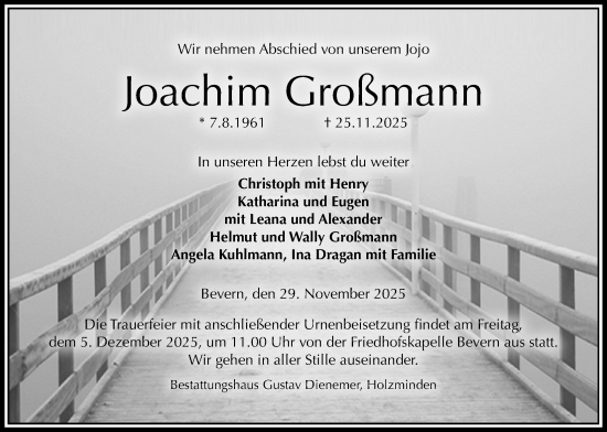 Traueranzeige von Joachim Großmann von Täglicher Anzeiger Holzminden