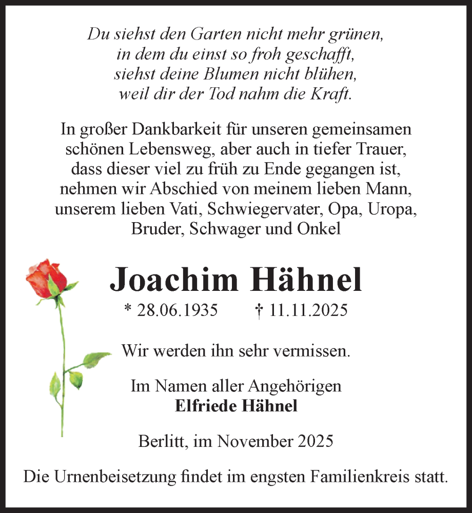  Traueranzeige für Joachim Hähnel vom 22.11.2025 aus Wochenspiegel
