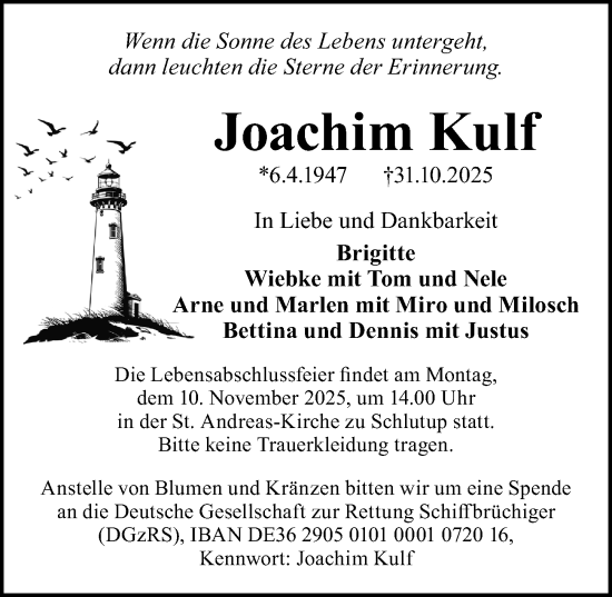 Traueranzeige von Joachim Kulf von Lübecker Nachrichten