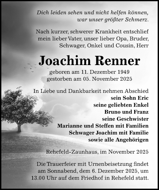 Traueranzeige von Joachim Renner von Sächsische Zeitung