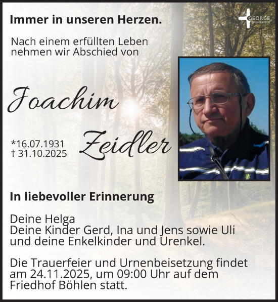 Traueranzeige von Joachim Zeidler von Leipziger Volkszeitung