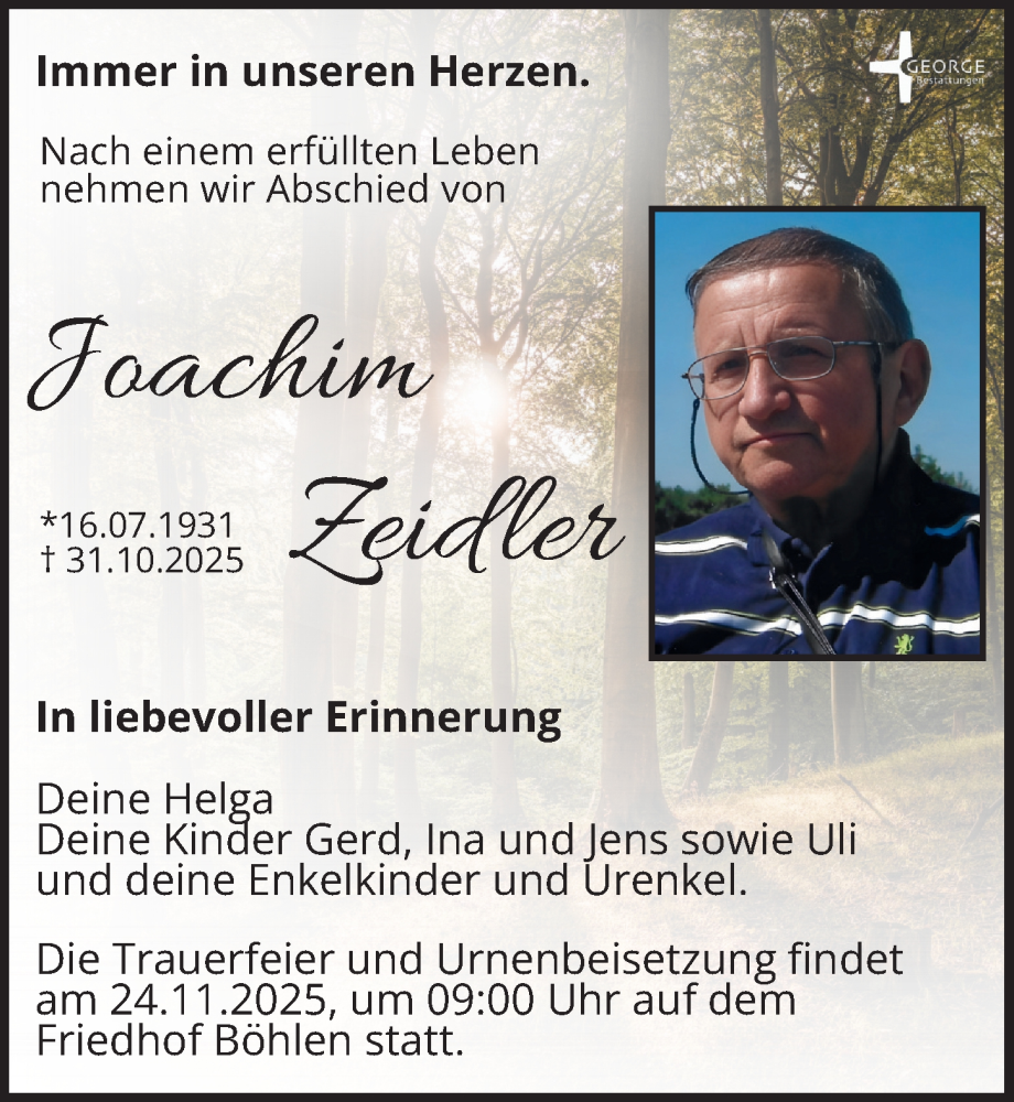 Traueranzeige für Joachim Zeidler vom 15.11.2025 aus Leipziger Volkszeitung