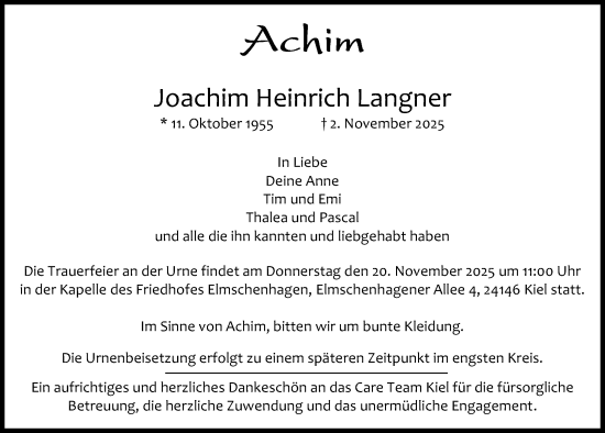 Traueranzeige von Joachim Heinrich Langner von Kieler Nachrichten