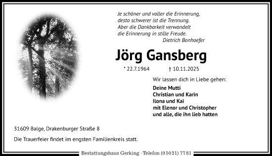 Traueranzeige von Jörg Gansberg von Die Harke