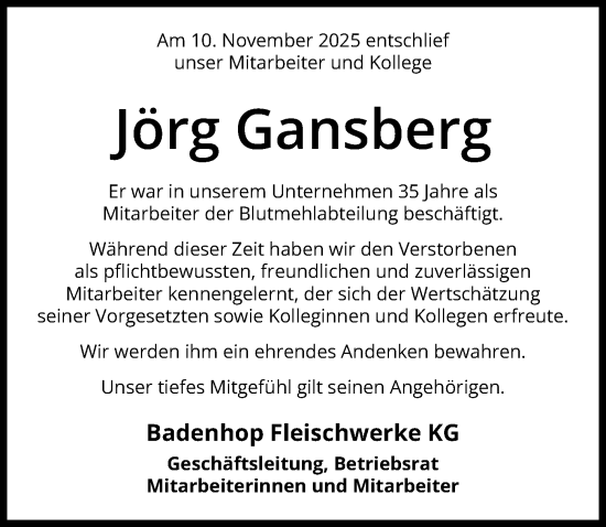 Traueranzeige von Jörg Gansberg von Die Harke