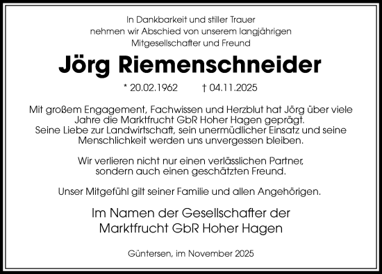 Traueranzeige von Jörg Riemenschneider von Göttinger Tageblatt
