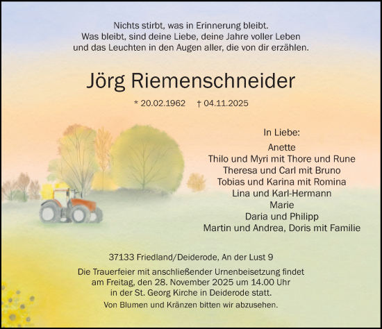 Traueranzeige von Jörg Riemenschneider von Göttinger Tageblatt