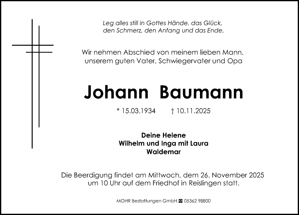  Traueranzeige für Johann Baumann vom 22.11.2025 aus Aller Zeitung