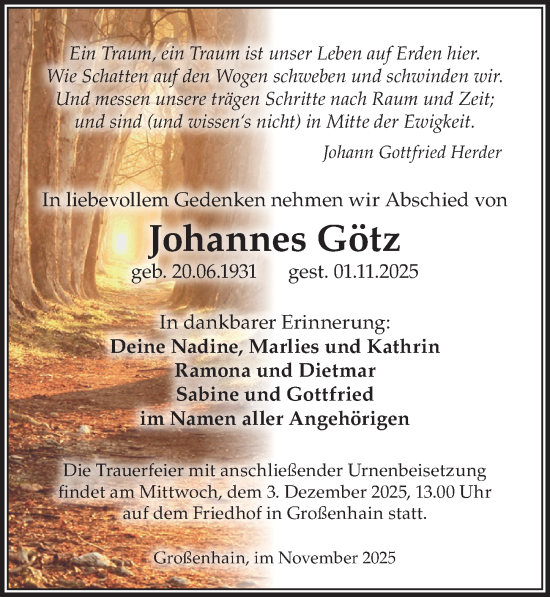 Traueranzeige von Johannes Götz von Sächsische Zeitung