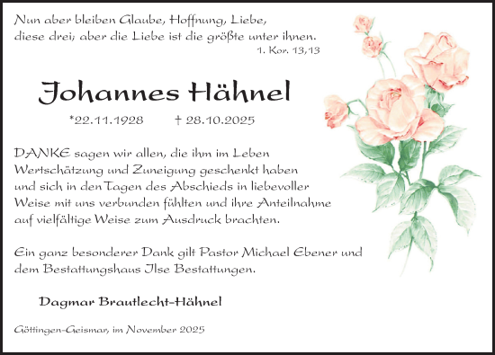 Traueranzeige von Johannes Hähnel von Göttinger Tageblatt