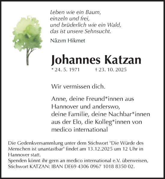 Traueranzeige von Johannes Katzan von Hannoversche Allgemeine Zeitung/Neue Presse