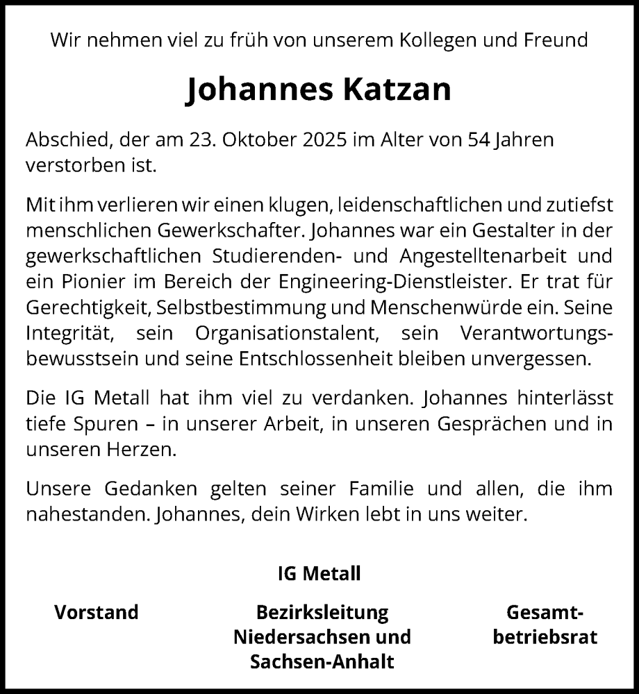  Traueranzeige für Johannes Katzan vom 08.11.2025 aus Hannoversche Allgemeine Zeitung/Neue Presse