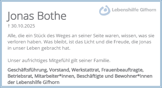 Traueranzeige von Jonas Bothe von Aller Zeitung
