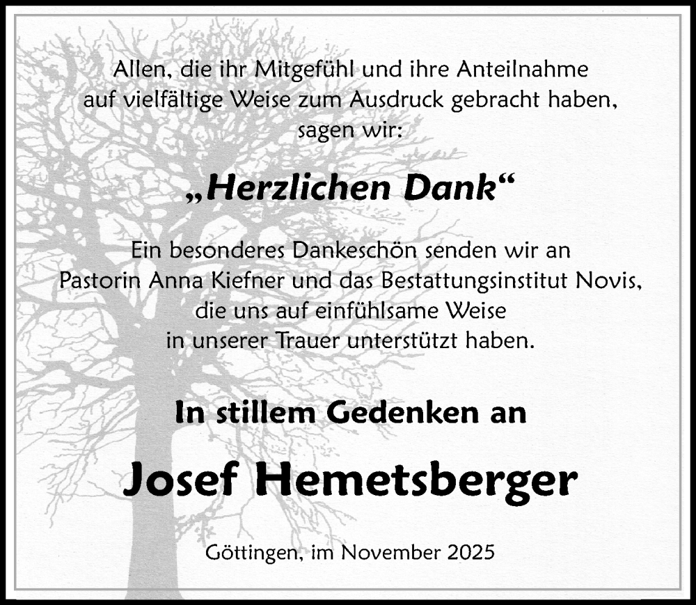  Traueranzeige für Josef Hemetsberger vom 22.11.2025 aus Göttinger Tageblatt