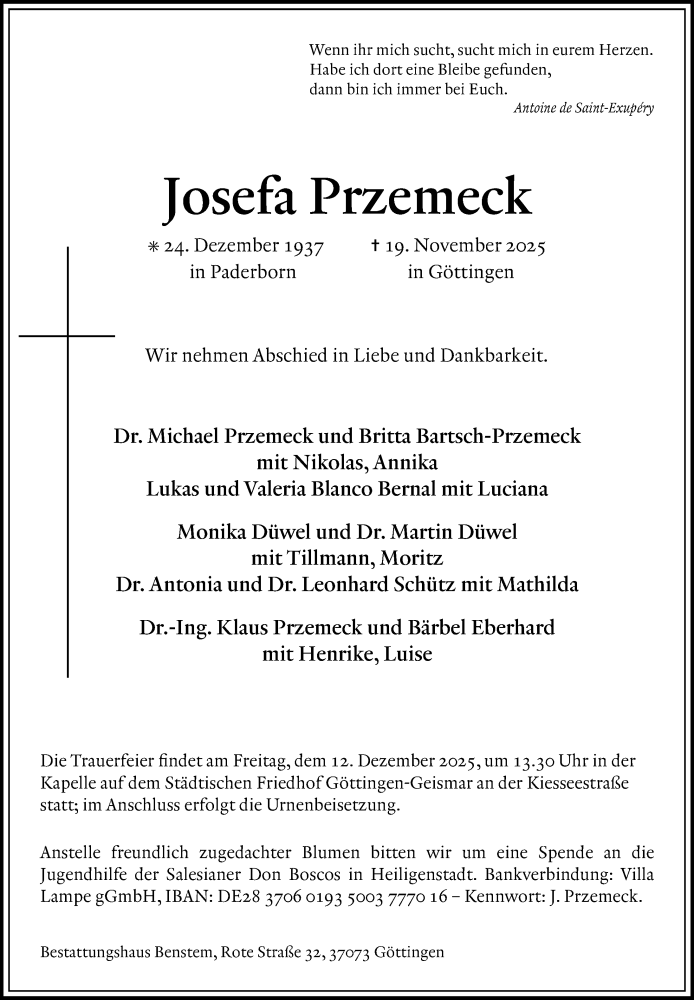 Traueranzeige für Josefa Przemeck vom 29.11.2025 aus Göttinger Tageblatt