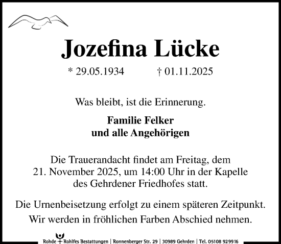 Traueranzeige von Jozefina Lücke von Hannoversche Allgemeine Zeitung/Neue Presse
