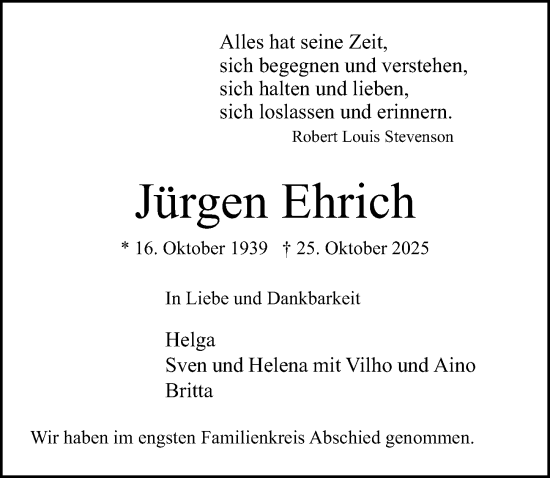 Traueranzeige von Jürgen Ehrich von Lübecker Nachrichten
